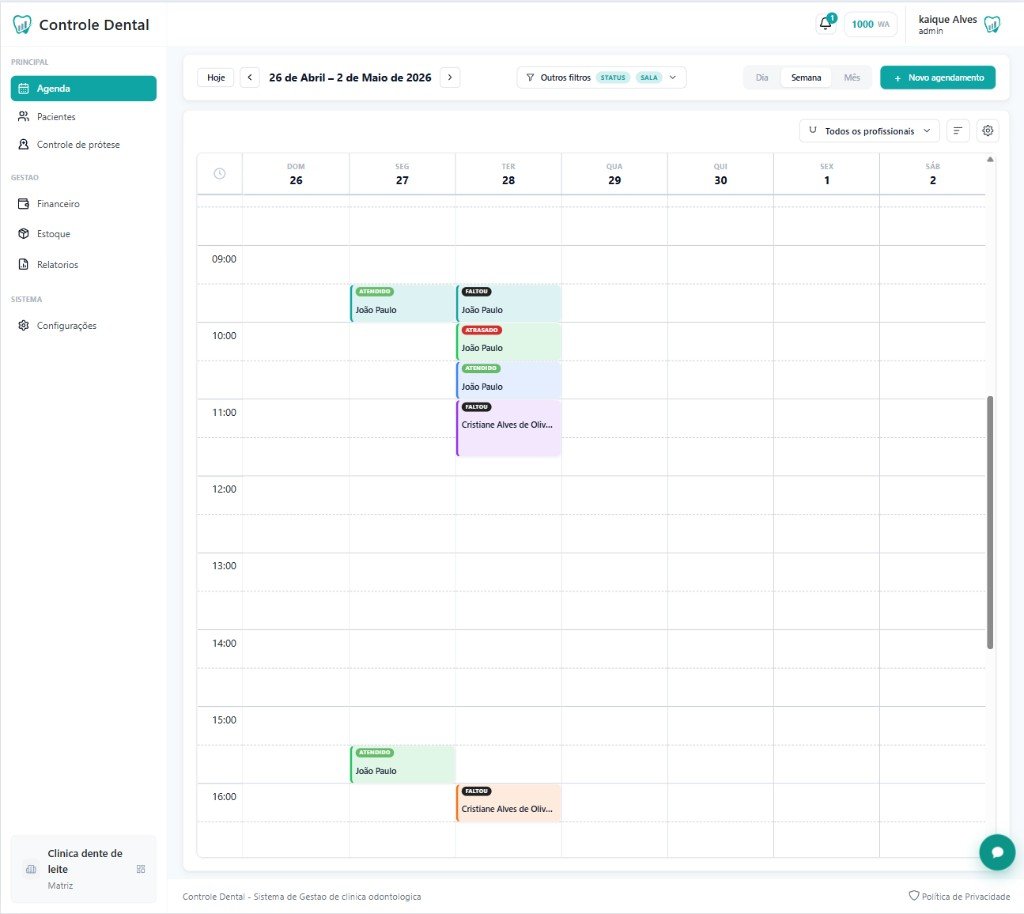 Agenda semanal do software odontológico Controle Dental com consultas e status dos pacientes